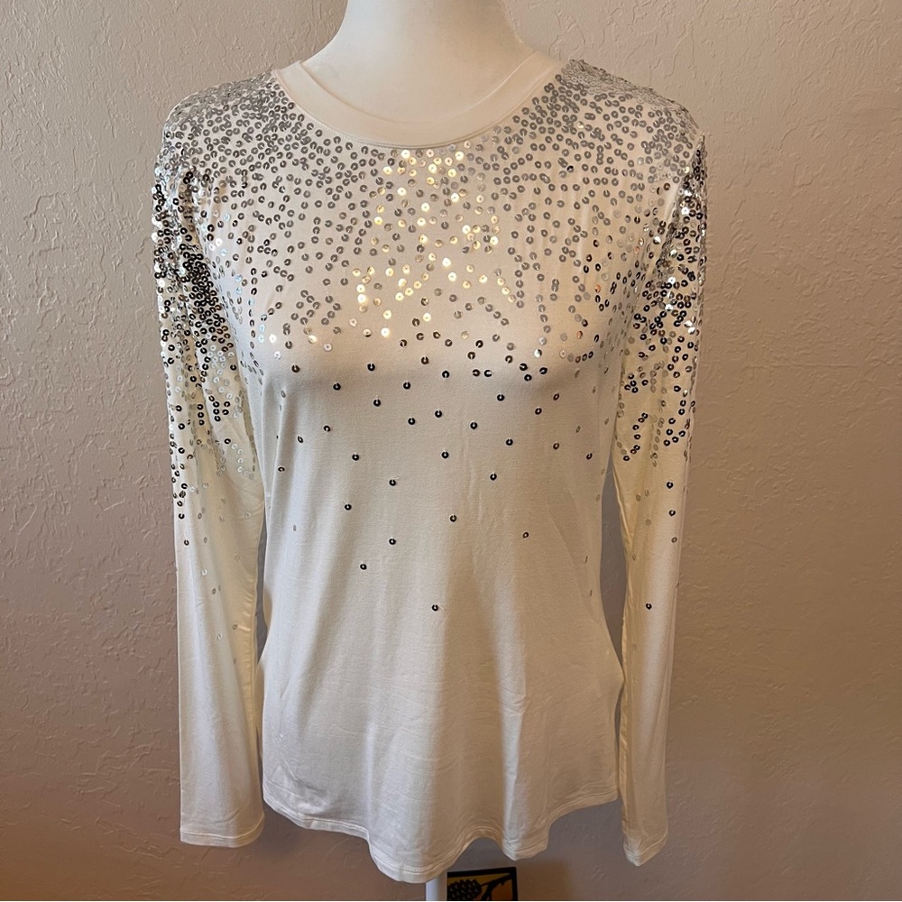 INC Sequin Long Sleeve Washed White Top Size L